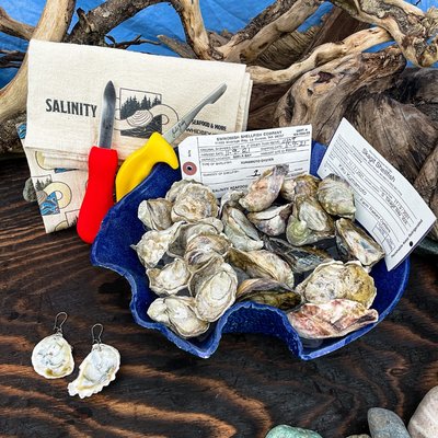 Freshly harvested local oysters from Skagit & Swinomish Shellfish. Oyster earrings & other jewelry made with the PNW native Olympia oyster.