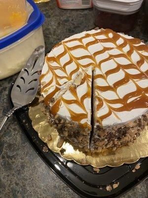 This was the quilted coffee Carmel ice cream cake. It has coffee ice cream, devil food cake, & heath bar.