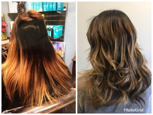 Color correction before and after  golden brown with golden blonde pieces