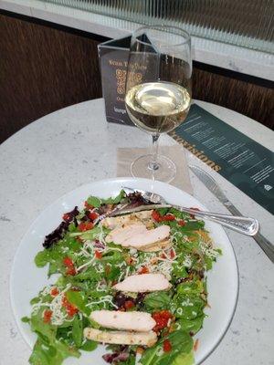 Grilled chicken salad and Ruffino pinot gris.