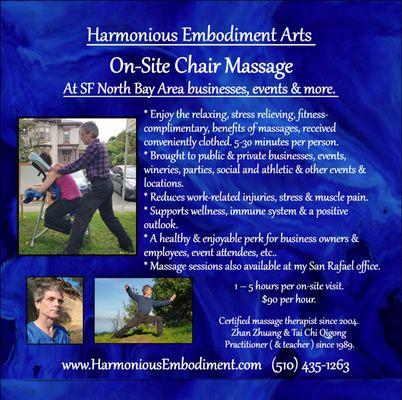 On-site, clothed chair massages provided at SF North Bay businesses, public and private events, parties, and more.