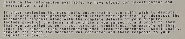 An excerpt from the credit card company's letter that Monster fought our dispute and won. Yet they still won't return our calls or emails.