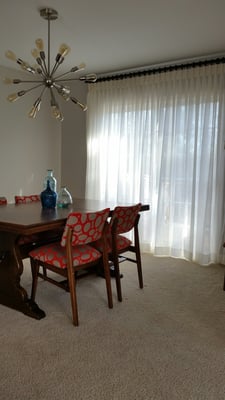 Restored mid century dining chairs. Custom upholstery and reinforced seats. Table refinished as well