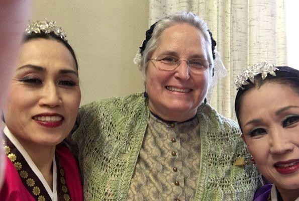 Everyday woman 1850 is also a time traveler. Here she is visiting with 2 women from 14th century Korea in Tigard, OR USA.