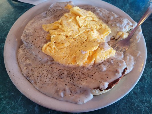 Biscuits and gravy with scrambled eggs w/cheese