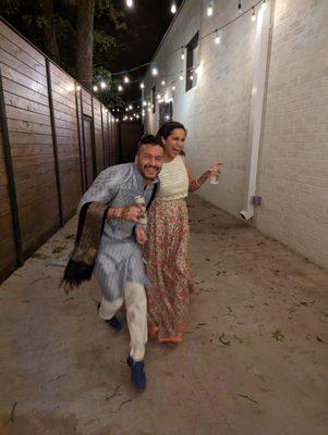 Indian wedding events, sangeet and mendhi, at 42West in Westside Atlanta. Outside in the string-lit outdoor space.