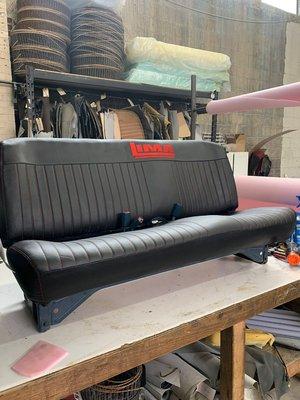 Custom truck bench with embroidered logo.