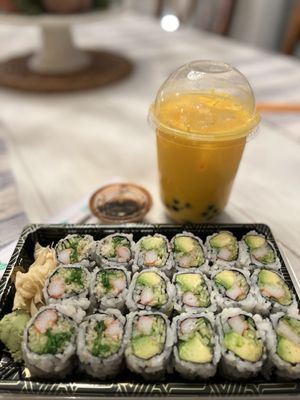 California Roll; Crispy Roll; Mango Bubble Tea