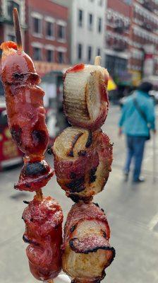 Sausage skewer $2  + bacon-wrapped scallops $2.50