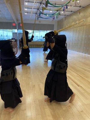 Students of all ages during kendo practice