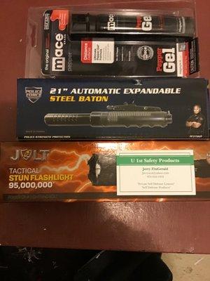 I sell stun gun flashlights, automatic 21" police baton, and gel pepper spray. Call me jerry fitzgerald 978 650-1035