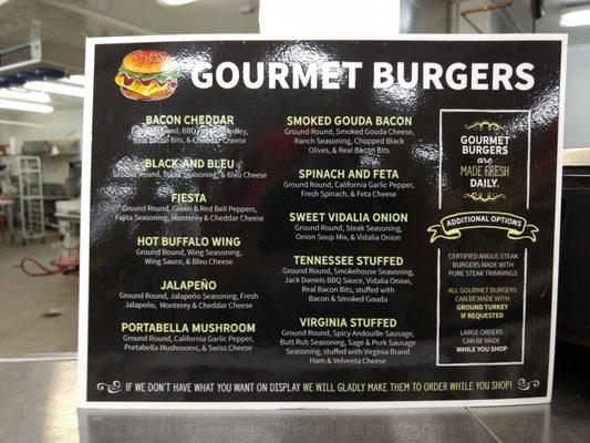 Burger flavor combinations at the butcher counter. Turkey burgers also.