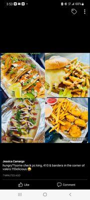 Deluxe  taco dog, PC King   burger, Al Pastor  tacos, and Chicken  Nuggets!!