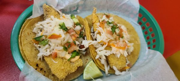 Fish tacos made with cornmeal