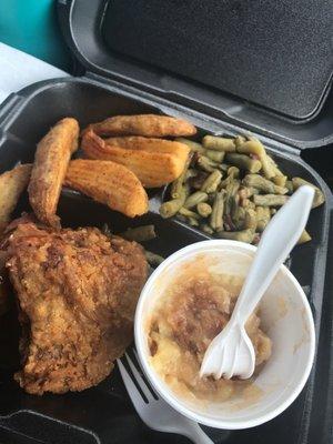 Broasted chicken, potato wedges green beans and apple cobbler.