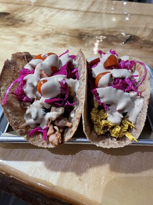 Jackfruit (left) and chicken (right) tacos