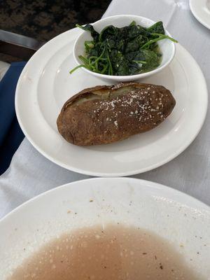 Baked potato and sautéed spinach. The two sides my husband selected that come with entree