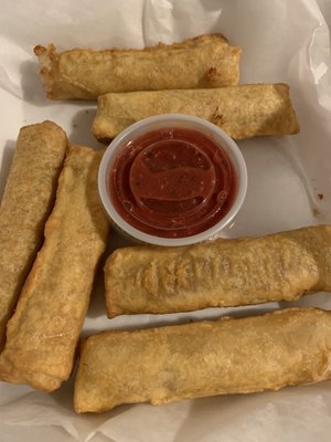 Egg roll wrapped mozzarella sticks.