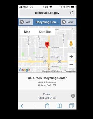 Map, address & phone for Cal Green Recycling from the website calrecycle.ca.gov