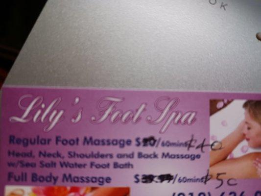 Fees are higher now-$40/hour foot massage and $50/hour body massage