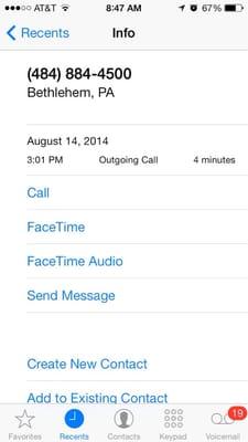 The outgoing call I made to LVPG was recorded in my recent calls on 8/14/14 lasted for 4 mins! A call they DENY was ever made!