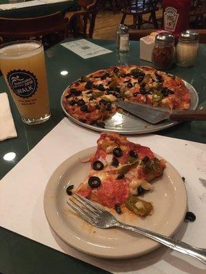 Pizza and pint draft beer