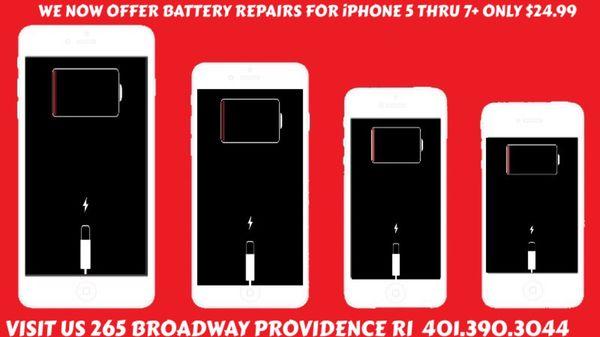 We now offer battery repairs for the iPhone 5/5c/5s/6/6+/6S/6S+/7/7+ for only $24.99 Our batteries are high quality and have 90 day warranty