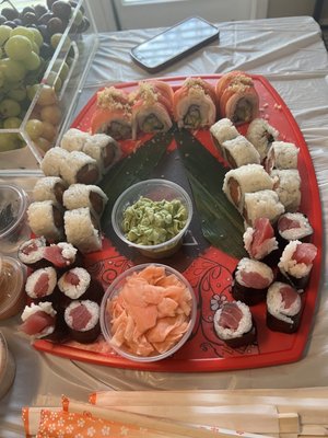 A variety of sushi..smoked salmon, tuna, and Volcano.