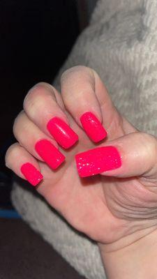 Hot pink dip nails with an added tip