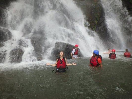 Waterfall break in between our white-water rafting tour in Costa Rica!