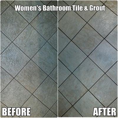 Before and after shot of tile and grout in restroom.