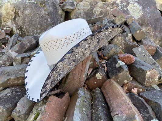 Another New Hat from Bailey. This is a custom painted underlay stitch in vintage ribbon whip stitching.