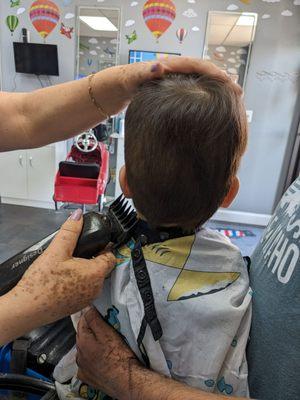 In salon, first passes with clippers. He mostly stayed still/ calm and gave plenty of room to work.