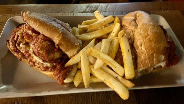 Meatball toasted hoagie and fries