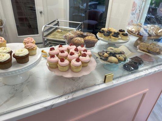 Selection of mini-cakes and cookies at indulgence. i'm told the blueberry scones (just to the right of the pink cup-cakes) are popular.