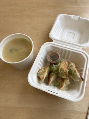 Miso soup and daily special - salmon gyoza