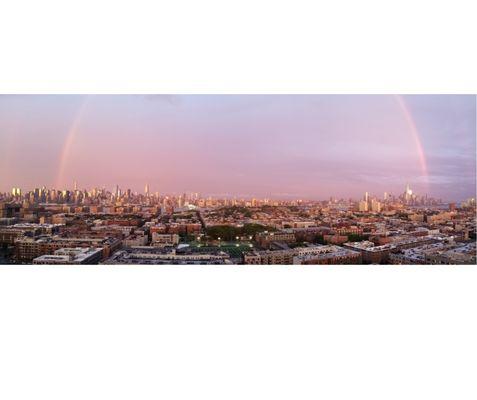 View from a Doric Terrace.  Rainbow over Manhattan after a storm