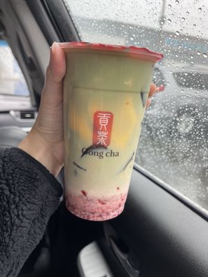 Strawberry Matcha Latte with Pudding & Herbal Jelly (Too Sweet)