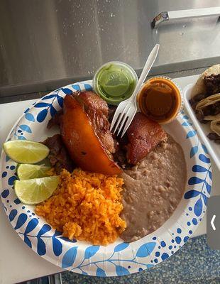 Delicious food!  Rice, beans, carnitas!