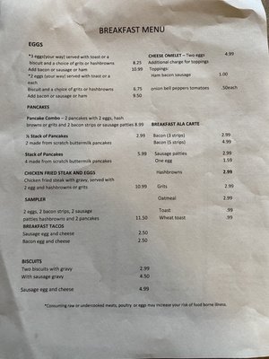 Breakfast menu