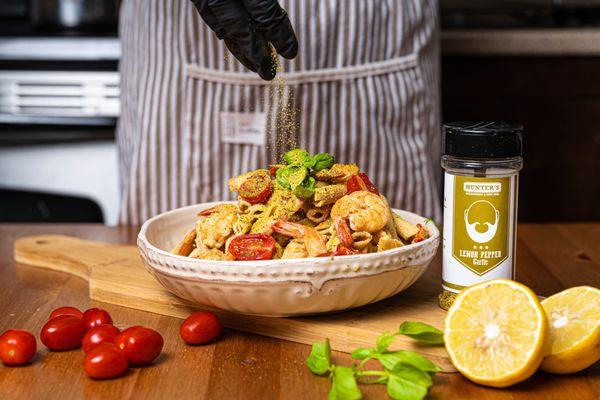 Hunter's Lemon Pepper Garlic Seasoning on Lemon Pepper Shrimp Pasta