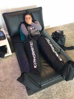 They use compressed air to massage your limbs, mobilize fluid, and speed recovery with our patented NormaTec Pulse Massage Pattern!