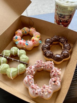 Strawberry, chocolate, taro and green tea mochi donuts