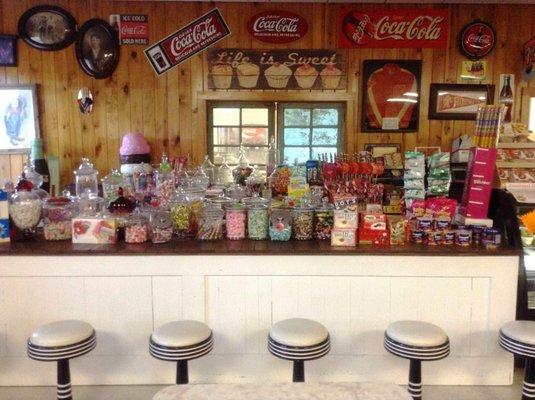 Enjoy our old fashion candy counter and 22 flavors of Blue Bell Ice Cream