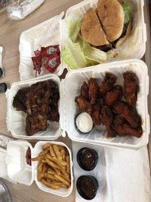 Fries, ribs, wings, burger.  All to-go and delicious!