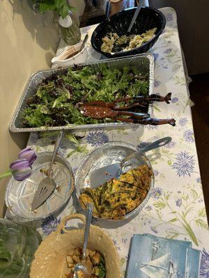 Veggie and meat frittatas and pasta salad.