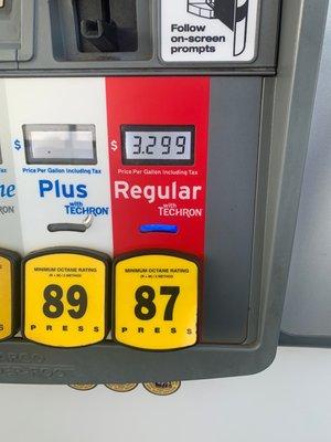 $3.29 per gallon 87 octane; $.10 cheaper per gallon with cash or Chevron card September 17, 2020