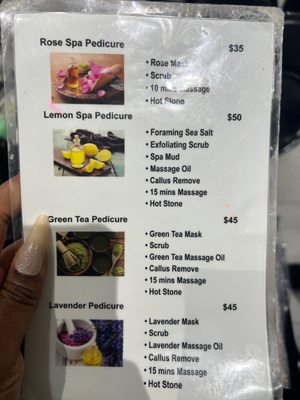 Pedicure menu