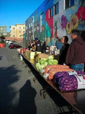 Volunteers stand ready to distribute food.  (photo courtesy of Robbi S)