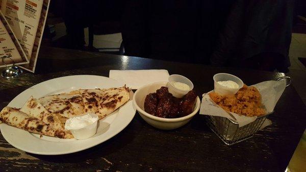 The three appetizers...jerk chicken wings, fried calamari, and chicken cheese quesadilla